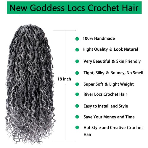 Faux Locs Crochet Hair 18 Inch Goddess Locs Ombre Grey Crochet Hair for Women 6 Packs Soft River Gray Pre Looped Braids with Curly Ends Boho Hippie Synthetic Hair Extensions, 1b/grey