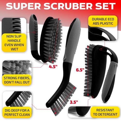 Scrub Brush Set of 6 pcs - Cleaning Shower Scrubbers with Squeegee for Shower Glass and Adhesive Wall Hooks Including Grout Cleaner Brush, Scrub Brushes for Cleaning Bathroom, Shower, Tile, Bathtub