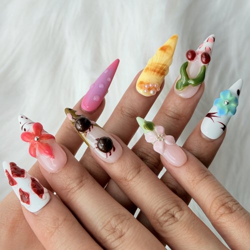 Avilux Press On Nails – Handmade, Reusable, 3D Designer Nail Art, 10Pcs Fake Nails for Women and Girls, Perfect for Holidays, Parties & Gifts (Tropical Paradise Mix, Medium)
