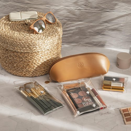 Travel Makeup Bag Organizer, Waterproof Small Makeup Bag for Purse, PU Leather Travel Toiletry Bag for Women, Cosmetic Bag, Makeup Case & PVC Mini Make up Bags, Purse Organizer Pouches (4 Pcs Set)