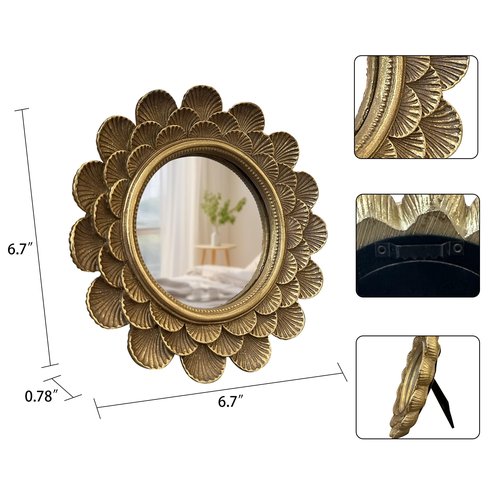 Musanpou Vintage Vanity Makeup Desk Mirror，Antique Traditional Roundness Table Mirror Vintage Gold， for Dressing Table,Bedroom, Bathroom,Tabletop,Antique, 6.7" x 6.7"