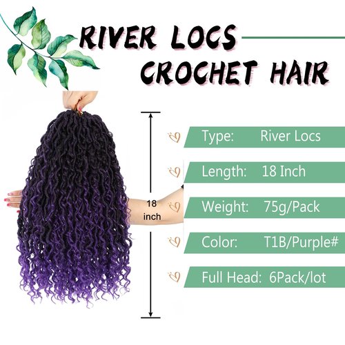 LIYATE Goddess Locs Crochet Hair 18 Inch 6 Packs Purple Faux Locs Crochet Hair for Black Women Pre Looped Soft River Locs Crochet Braids with Curly Ends Boho Locs crochet Hair (1B / Purple)