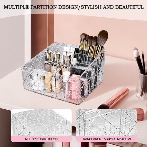 HuixinAcrli Acrylic Makeup Organizer, Clear Cosmetic Brush Storage Box With 4 Brush Holders,Large-capacity Split Design Can Quickly Organize the Desktop Skincare, Hair Tools, Brushes,Perfume