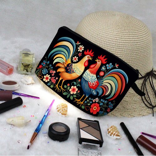 Livel lhood Floral Roosters Makeup Bag Colorful Chicken Small Organizer Bag Zipper Pouch Ethnic Style Roosters Print Cosmetic Bag Present for Women Friends