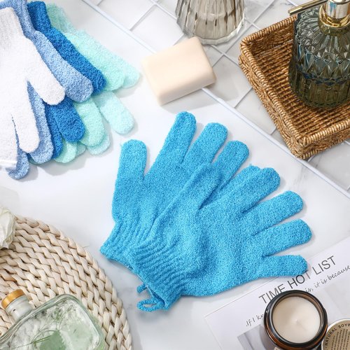 Cuffbow 90 Pcs 45 Pairs Exfoliating Double Sided Bath Gloves with Hanging Loop Colorful Body Shower Gloves for Men Women Beauty Spa Massage Shower Clean Skin Bathing Scrubber Accessories(Blue)