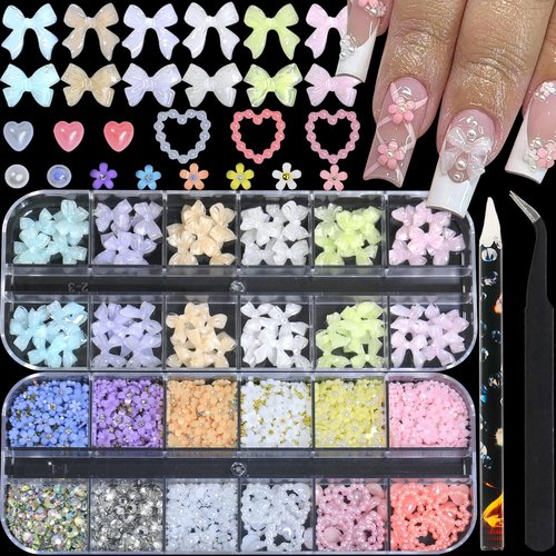 Bow Nail Charms - Multiple Colors, Bow-Knot, Bear, Flower, Pearls, Flat Back Rhinestones, with Kit, for Nail Art