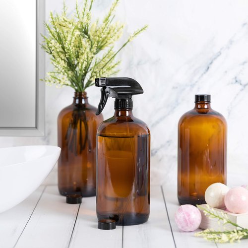 Large 32oz Amber Glass Spray Bottles with Funnel - Refillable Trigger Sprayer Containers for Oils, Cleaning Products, Plant Misting, Cooking, Hair, and Beauty. Includes 4 Bottles and 1 Funnel.