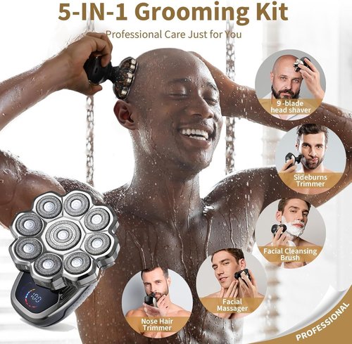 2025 New 9D Head Shavers for Bald Men, 5-in-1 Electric Razor Bawldy 9.0 Floating Pro Ultra Groomie Shaver IPX6 Waterproof with LCD Display Type-C Rechargeable Wet Dry Use Grooming Kit