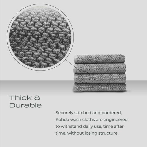 KOHDA LIVING Luxury Washcloths for Face – Wash Cloths for Bathroom, Silver Infused, Thick & Soft Face Towels – Premium Luxury Wash Cloths for Your Face, Body, or Bathroom – 4 Pack (Gray)