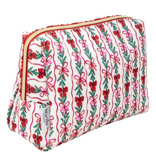 Martha Stewart Festive Quilted Makeup Bag, Compact Cosmetic Organizer for Women, Small Zipper Pouch with PVC Lining, 8.75" x 4" x 6" (Holiday Bow Stripe)