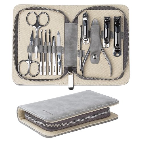 Apexay 12-Piece Manicure & Grooming Kit – Stainless Steel Nail Clippers, Cuticle Tools, Nose & Ear Scissors in Travel-PU Leather Case
