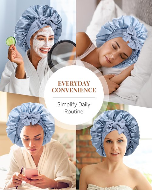 AWAYTR Silk Bonnet for Sleeping Women 100% Mulberry Silk Bonnet with Band 2 Layer Reversible Hair Bonnet Sleeping Hair Wrap (Silk, Haze blue/Sky blue)