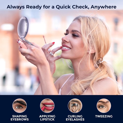 MIRRORVANA Small Compact 15X Magnifying Travel Makeup Mirror - Lightweight, Handheld, and Foldable Design - Mini Pocket-Sized Magnified Mirror for Purse or Handbag - 3.3" Diameter