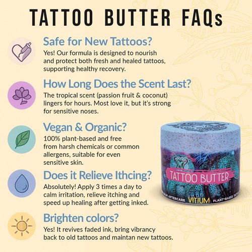 VITIUM Tattoo Butter – Tattoo Aftercare Balm with Organic Plant-Based Ingredients – Deep Moisturizing & Brightening for Vibrant Tattoos – Vegan, Natural, Soothing – Made in Italy - 5oz