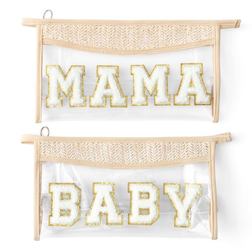 Belanttega Boho Patch Cosmetic Bag, Mother's Day MAMA BABY Chenille Varsity Letter Travel Toiletry Makeup Bag Summer Beige Clear Waterproof Makeup Pouch PVC Zipper Clutch Daily Use Purse for Mom Women