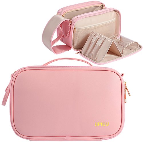 UPIUU Mothers Day Gifts, Toiletry Bag, Gifts for Women Mom, Large Cosmetic Bag, Travel Essentials,Toiletries Organizer Case for Grooming, Excellence PU Leather, Vertical Brush Holder, Pink