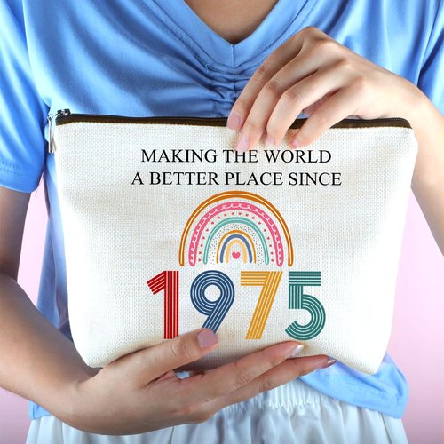 TOBYOVU 50th Birthday Gifts For Her, Women – Gifts for 50th Birthday – Mothers Day Bags For Woman – 50th Bday Decorations For Sister, Female, Friends – 1975 Canvas Makeup Bag – Turning 50th Gift