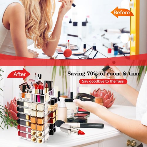 FODIENS Acrylic Lipstick Tower Holder, 360 Degree Rotating Makeup Cosmetic Lipsticks Organizer with 53 Slots, Spinning Lipgloss Storage Display Stand Holder