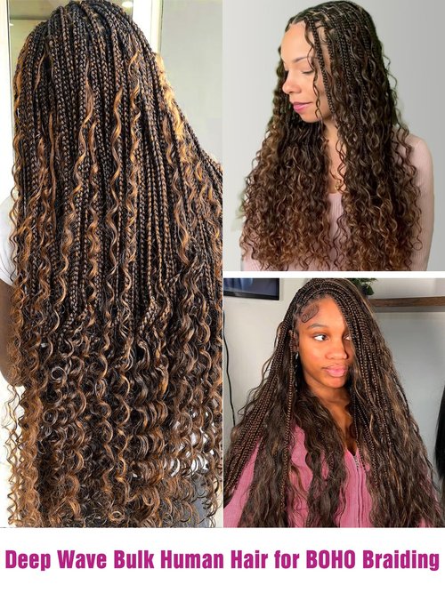 4/30 Bronze Gold Human Braiding Hair Deep Wave Bulk，Highlight No Weft Curly Braiding Hair Extensions for Boho Braids Wet and Wavy Braiding Human Hair Bundles(16inch,4/30,100g)