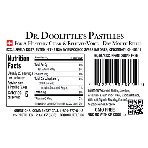 Dr. Doolittle’s Sugar Free Soft Fruit Pastilles for Voice and Throat, Blackcurrant Flavor, 2.12 Ounce Tin, approximately 25 Count Package, 3 Pack