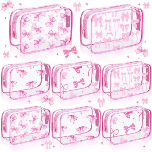 Kacctyen 8 Pcs Coquette Pink Bow Makeup Bags Clear PVC Skincare Cosmetic Bags Waterproof Travel Toiletry Zipper Pouch Coquette Party Favors Gifts for Women Girls Travel Storage Accessories(Bow)