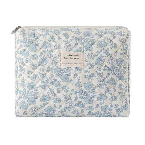 uekeboag Quilted Cotton Makeup Bag,Coquette Quilted Toiletry Bag for Women and Girls,Floral Coquette Pouch,Cute Kawaii Travel Cosmetic Bags(05Light Blue Flower)