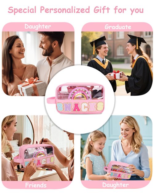 MONSTINA Snack Bag Clear Pouch Makeup Travel Toiletry Bag,Waterproof Clear Embroidery Letters Cute Digital Printing Rainbow Cosmetic Tote Bag for Women Girls,PU Leather Pink