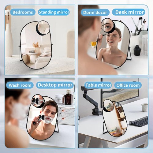 Adzyz Desk Mirror, Tabletop Vanity Mirror, 360°Adjustable Rotation Vintage Metal Framed Table Mirror with Stand and 10X Magnifying Room for Living Room, Bedroom, Tabletop, Bathroom (Black Oval)