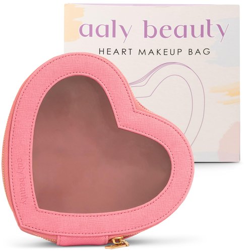 Aaly Beauty Heart Makeup Bag – Pink Heart Cosmetic Bag with Clear Cover – Gift Ideas for Women, Mom, Girlfriends, Her - Large Capacity for Full Size Makeup, Skincare and Brushes