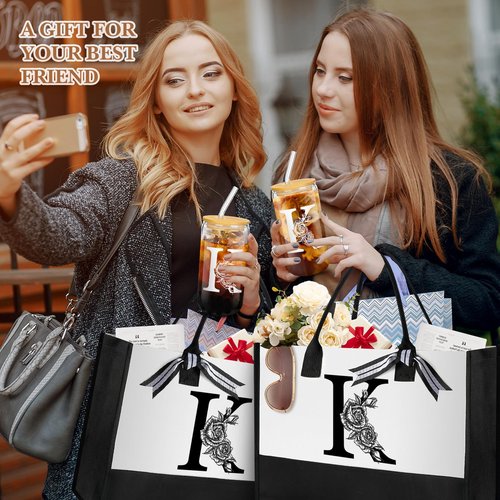 Aliceset Birthday Gifts for Women, Initial Canvas Tote Bag, 16oz Initial Glass Cup, Makeup Bag with Zipper for Mom Sister Friends(Letter K)