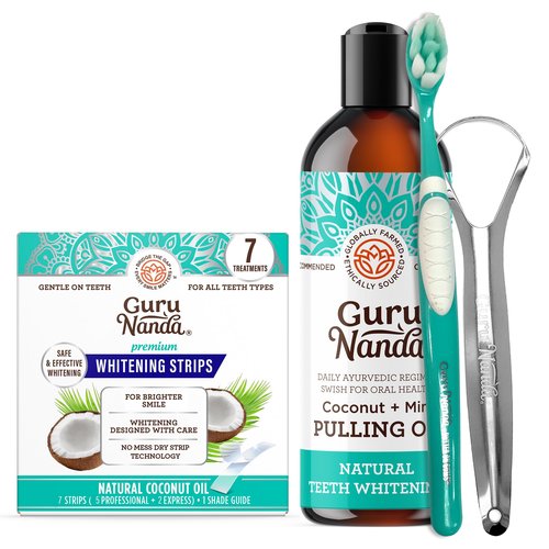 GuruNanda Coconut Oil Dental Care: Whitening Strips + Oil Pulling - Helps Brighten Teeth, Freshen Breath, Healthy Gums - 14 Strips + 8oz for Complete Oral Care