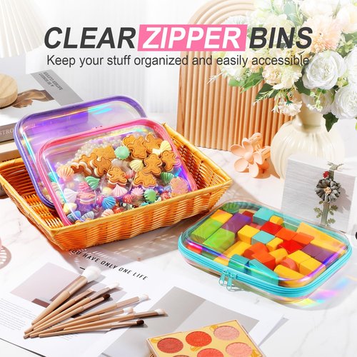 Hoolerry 3 Pcs Clear Hard Zipper Case Plastic Pouch Transparent Hard Case Clear Makeup Bag Portable Travel Organizer Bin for Cosmetics, Building Blocks, Puzzles(Laser,M)