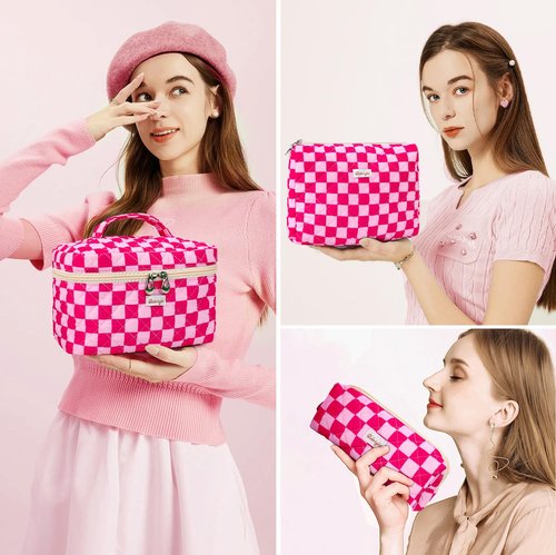 Globright 3 Pieces Makeup Bag Large Quilted Cosmetic Bag, Cotton Make Up Bag Travel Toiletry Bag for Mom Girlfriend Wife Women (Red)