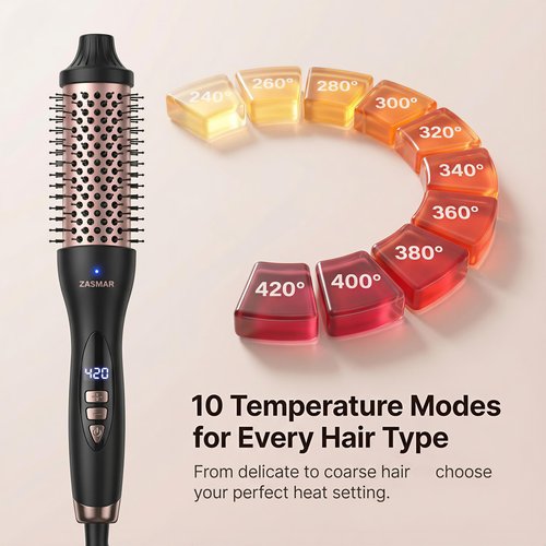 ZASMAR 1.5″ Ceramic Thermal Brush with 10 Temperature Settings, Heated Round Brush for Blow Out Look, 30s Fast Curling Iron Dual Voltage, Quick & Easy to Use