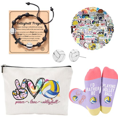 Volleyball gifts for teen girls Set Volleyball gifts Volleyball funny socks Volleyball earrings Volleyball Makeup Bag 50Pcs Volleyball Stickers-5Pcs Volleyball gifts