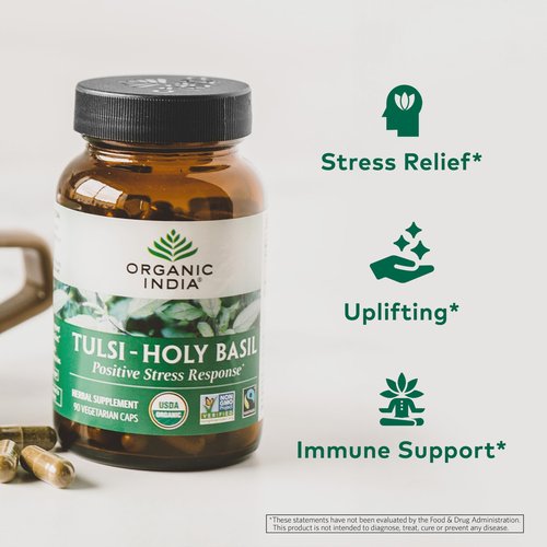 ORGANIC INDIA Tulsi Herbal Supplement - Holy Basil, Immune Support, Adaptogen, Supports Healthy Stress Response, Vegan, Gluten-Free, Kosher, USDA Certified Organic, Non-GMO - 180 Capsules