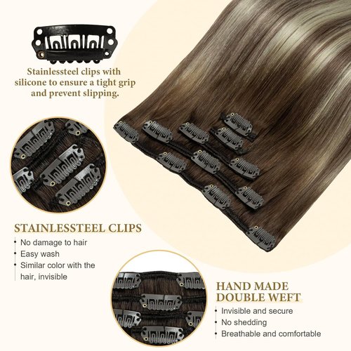 Clip in Human Hair Extensions for Women Balayage Walnut Brown to Ash Brown Mix Light Blonde Ombre Natural Straight Remy Clip ins Real Human Hair Double Weft Clip on Hair Extensions 14 Inch 60G 5 PCS