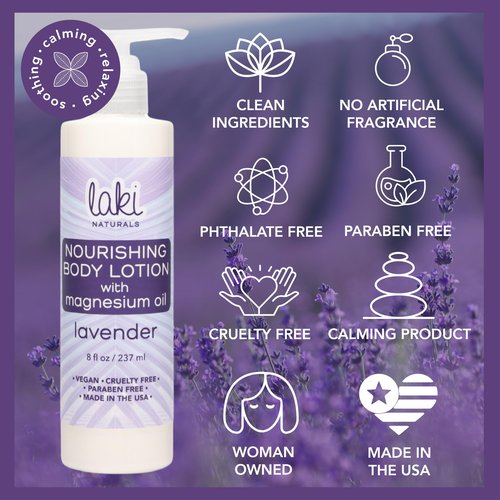 Laki Naturals Lavender Magnesium Body Lotion (8oz, Pack of 1) - Hydrating Body Lotion for Dry Skin with Lavender Essential Oil, Magnesium Chloride & Avocado Oil - Relaxation & Stress Relief Skincare