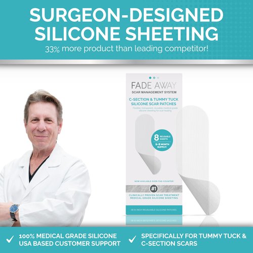 Fade Away Scars Silicone Scar Sheets for C-Section & Tummy Tuck – Reusable Medical Grade Silicone Scar Tape for Surgical Scars – Soft Scar Strips with Storage Pouch – Fade Away Silicone Scar Sheets