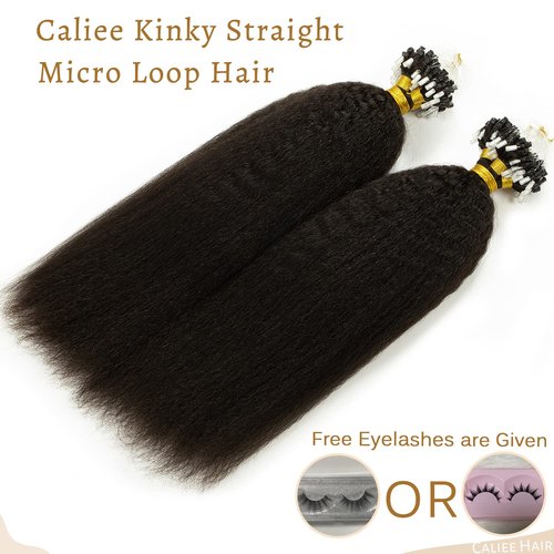 Caliee Microloop Kinky Straight 16 Inch, Micro Beads Human Hair Extensions Natural Black 1B Color 50g Real Remy Hair Extensions 50s