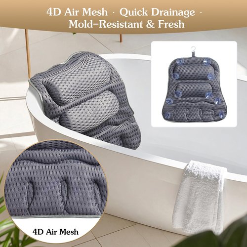 Suvast Luxury Bath Pillow for Tub, Dual Headrest & Back Support, 4D Air Mesh Quick-Dry Cushion, 10 Strong Suction Cups, Extra-Large Spa Bathtub Pillow Gift for Women(Grey)
