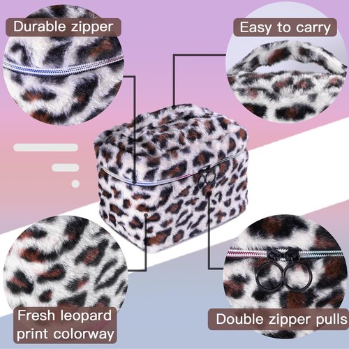 imerelez Plush Travel Makeup Bag Toiletry bag for Women Soft Fluffy Cosmetic Bag Portable Foldable (Beige Leopard)