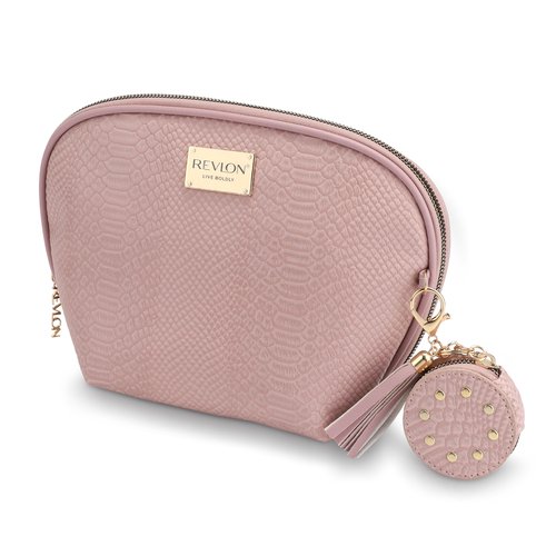REVLON Croc Embossed Makeup Pouch, Small Makeup Pouch, Travel Makeup Organizer with Tassel & Mirror Keychain, Cosmetic Bag, Mini Makeup Case with Pockets, Gifts for Women, Ladies, or Teen Girls, Rose