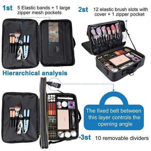 JOURMON Travel Makeup Train Case,Large Capacity Cosmetic Bags for Women,Portable Makeup Bag Organizer with Adjustable Dividers & Shoulder Strap(Black, L)