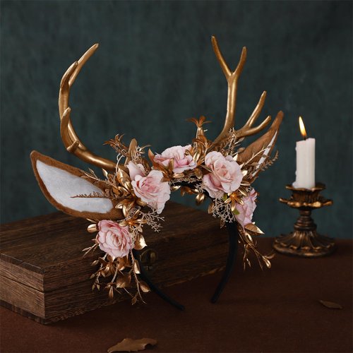 MOSTORY Handmade Gold Flower Antler Headband - Woodland Floral Reindeer Headpiece with Deer Ears Forest Fairy Hairband for Women Girls Renaissance Halloween Cosplay Party Prom Photo Props Pink Rose
