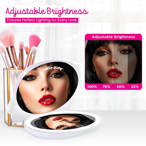 Impressions Vanity Hello Kitty Kawaii Lighted Compact Mirror for Purses, Double Sided Travel Makeup Mirror with 2X Magnification, Adjustable LED Lighting and Soft Touch Switch (Iridescent)
