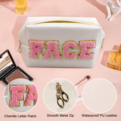 Lorigun Chenille Letter Patch Makeup Bag, Preppy Cosmetic Bag PU Leather Skincare Bag with Zipper, Toiletry Bag Waterproof Travel Organizer Bag for Women Face Hair Skin Makeup Bag 3 Pcs
