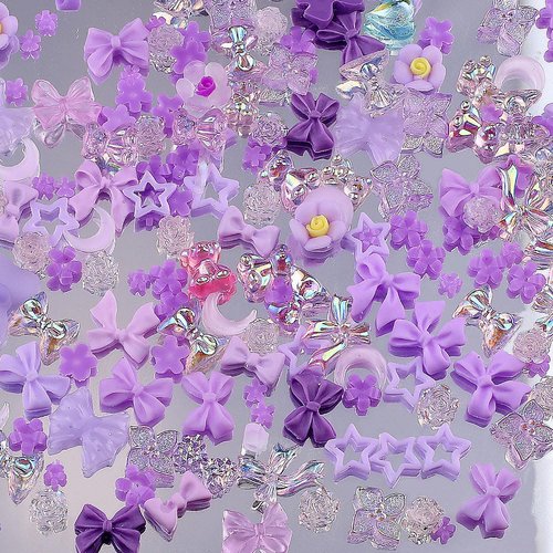 100 Pcs Purple Resin Kawaii Mixed Shape Nail Charms,Cute Bow Flower Bear Heart Nail Design Charms for Nails 3D Bowknot Camellia Moon Nail Charm for Women Nail Art Supplies Nail Accessories Nail Art