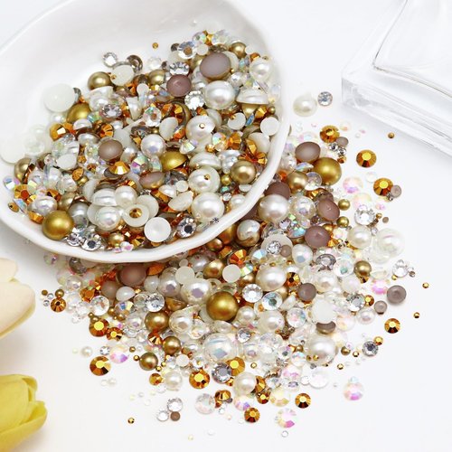 Briskbloom 60g Mix Flatback Pearls and Rhinestones for Crafts, 2-10mm Pearl Rhinestones for Nails Face Art Tumblers, Champagne Gold Blend with Tweezers Wax Pen