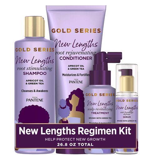 Pantene New Lengths Bundle with Root Stimulating Shampoo, Rejuvenating Conditioner, Scalp Revitalizing Treatment and Anti-Breakage Serum, made with Apricot Oil and Green Tea, for Natural and CurlyHair